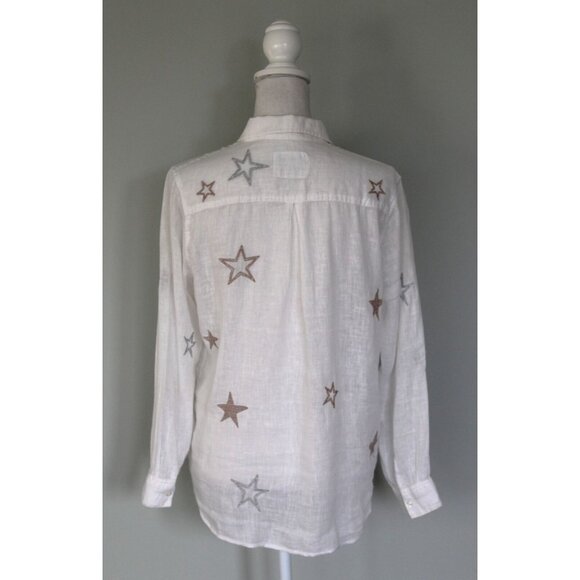 RAILS Charli White & Rose Gold Star Embroidery Linen Blend Button Shirt Top, XS - Picture 9 of 14
